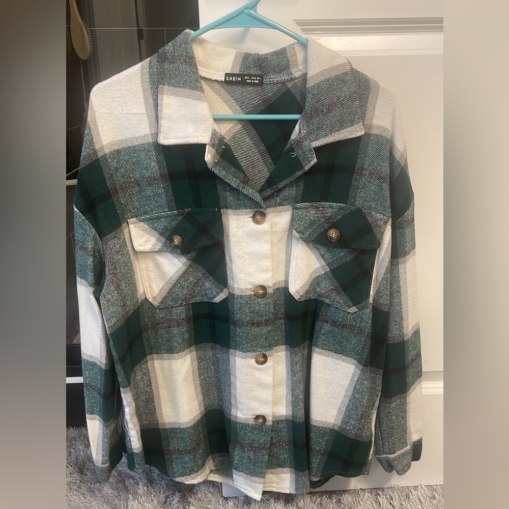 green and white oversized flannel - shein size small